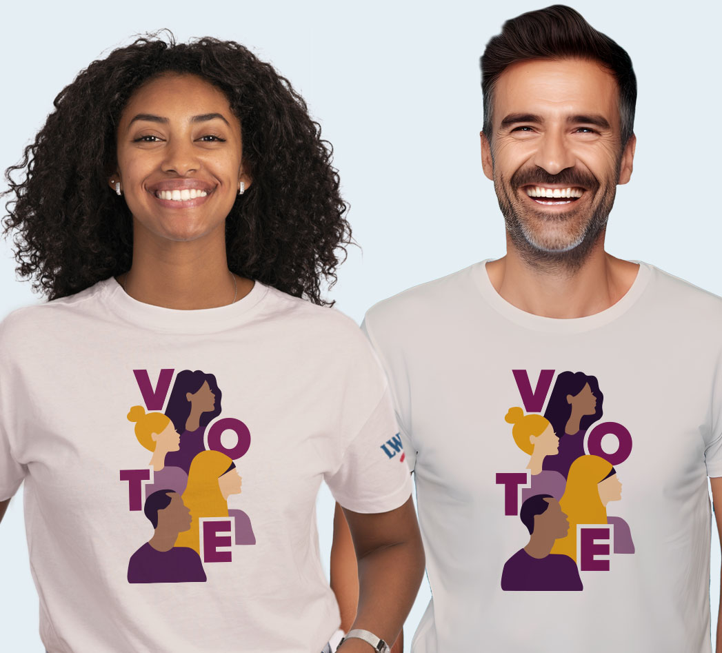 Two people wearing "VOTE" shirts