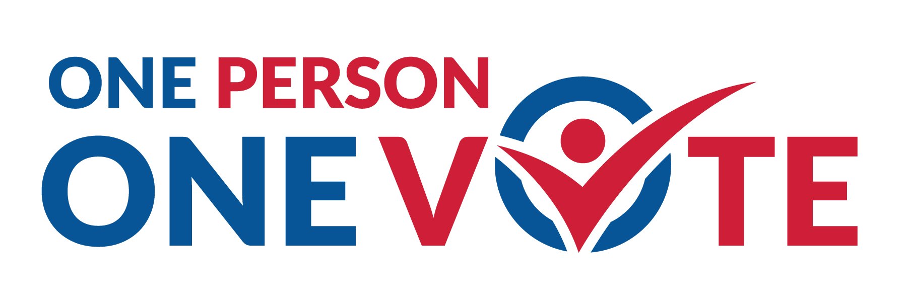 The words "one person one vote" in red and blue