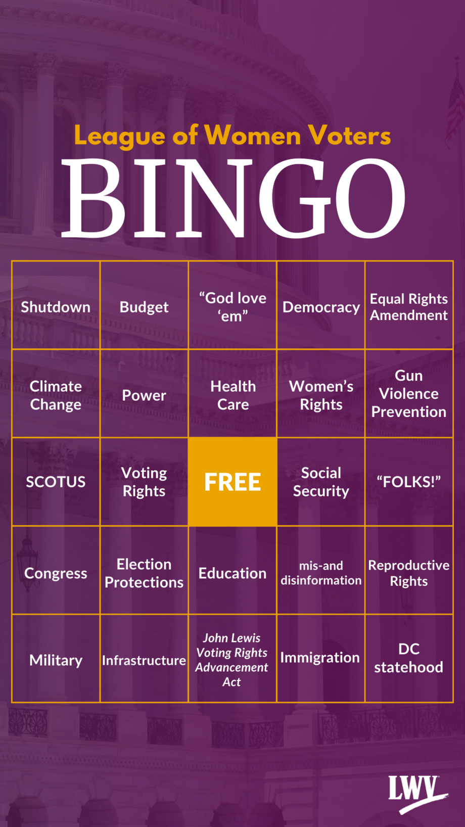 A 5x5 bingo card with several political catchphrases