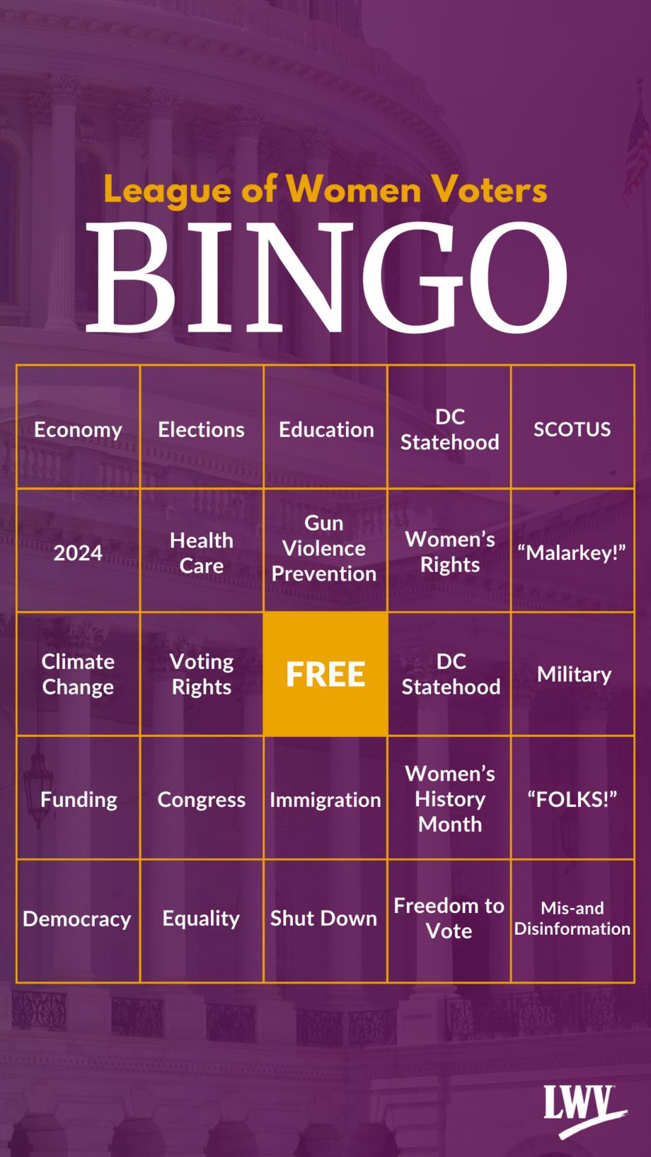 A 5x5 bingo card with various political catchphrases