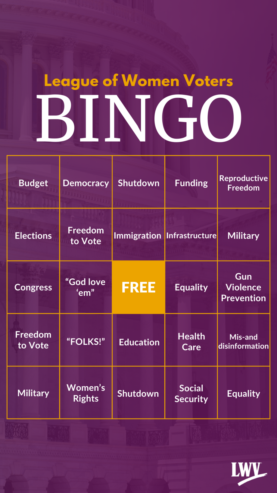 A 5x5 bingo card with various political catchphrases