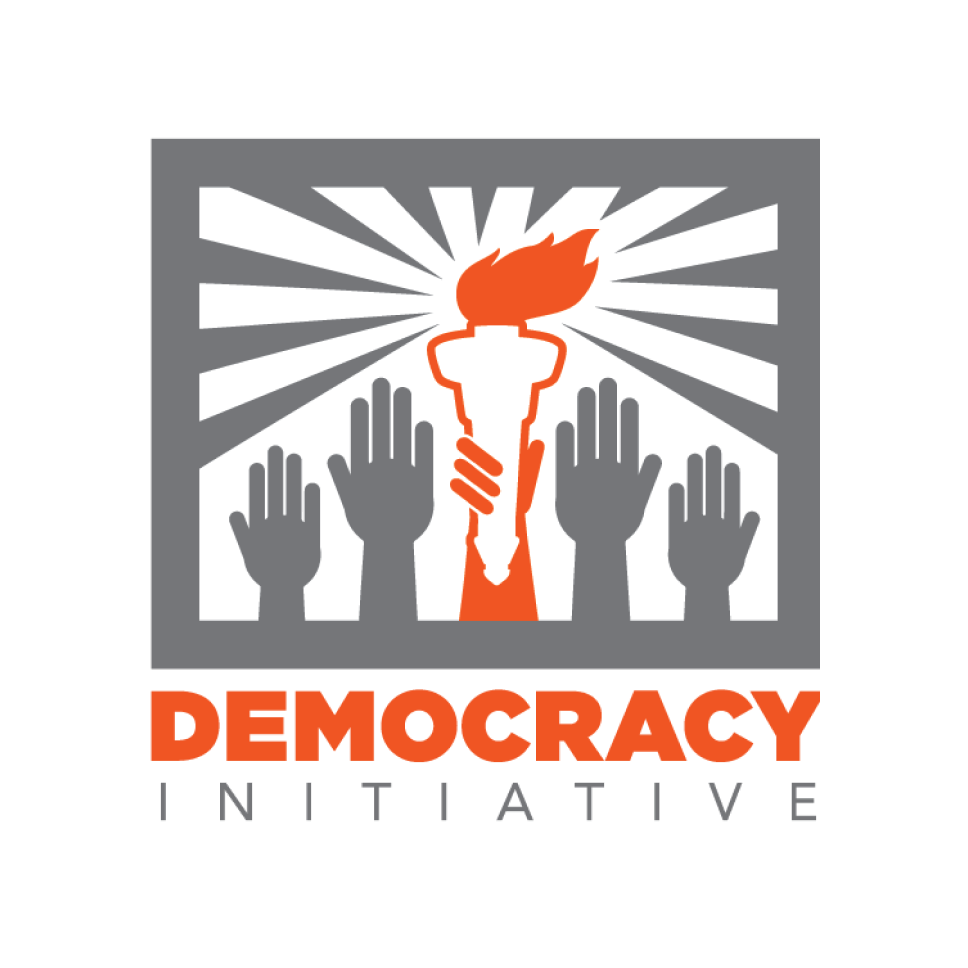 Hands reaching up towards the sky, with one in the center holding a torch, over the words "Democracy Initiative"