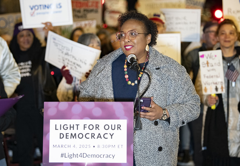 LWV CEO Celina Stewart speaking at a rally