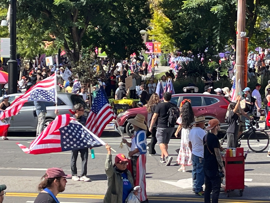 People holding American flags on a street in California at No King's Day protests