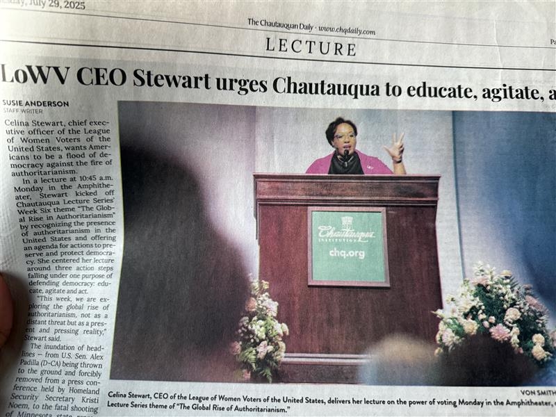 A headline from the Chautauquan times showing CEO Celina Stewart speaking at a podium