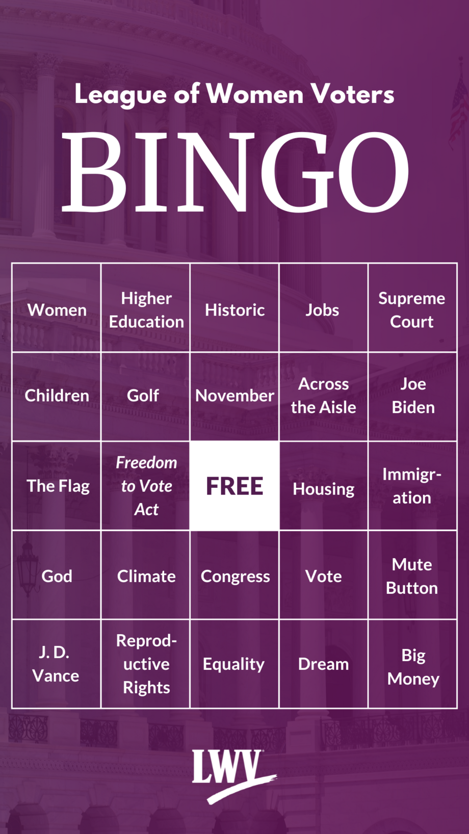 A bingo card on a purple background with several terms expected to be used in the 2024 presidential debates