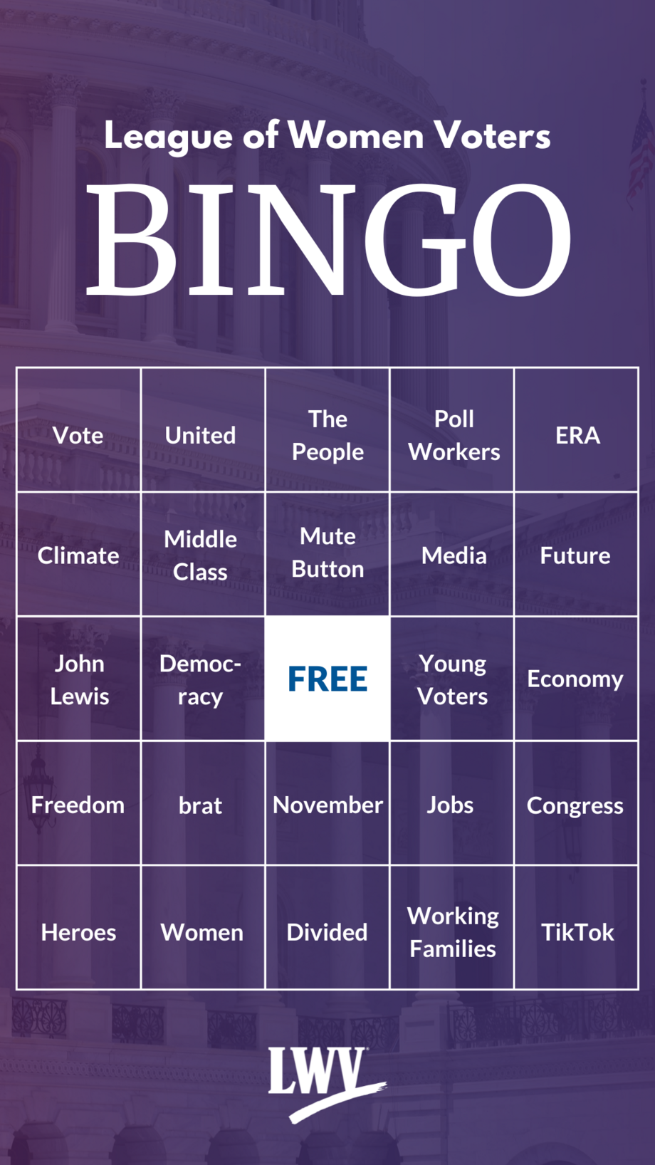 A bingo card on a purple background with several terms expected to be used in the 2024 presidential debates