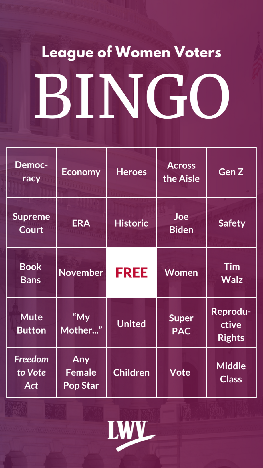 A bingo card on a purple background with several terms expected to be used in the 2024 presidential debates