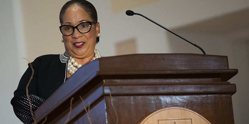 Sheyann Webb-Christburg speaking at a podium