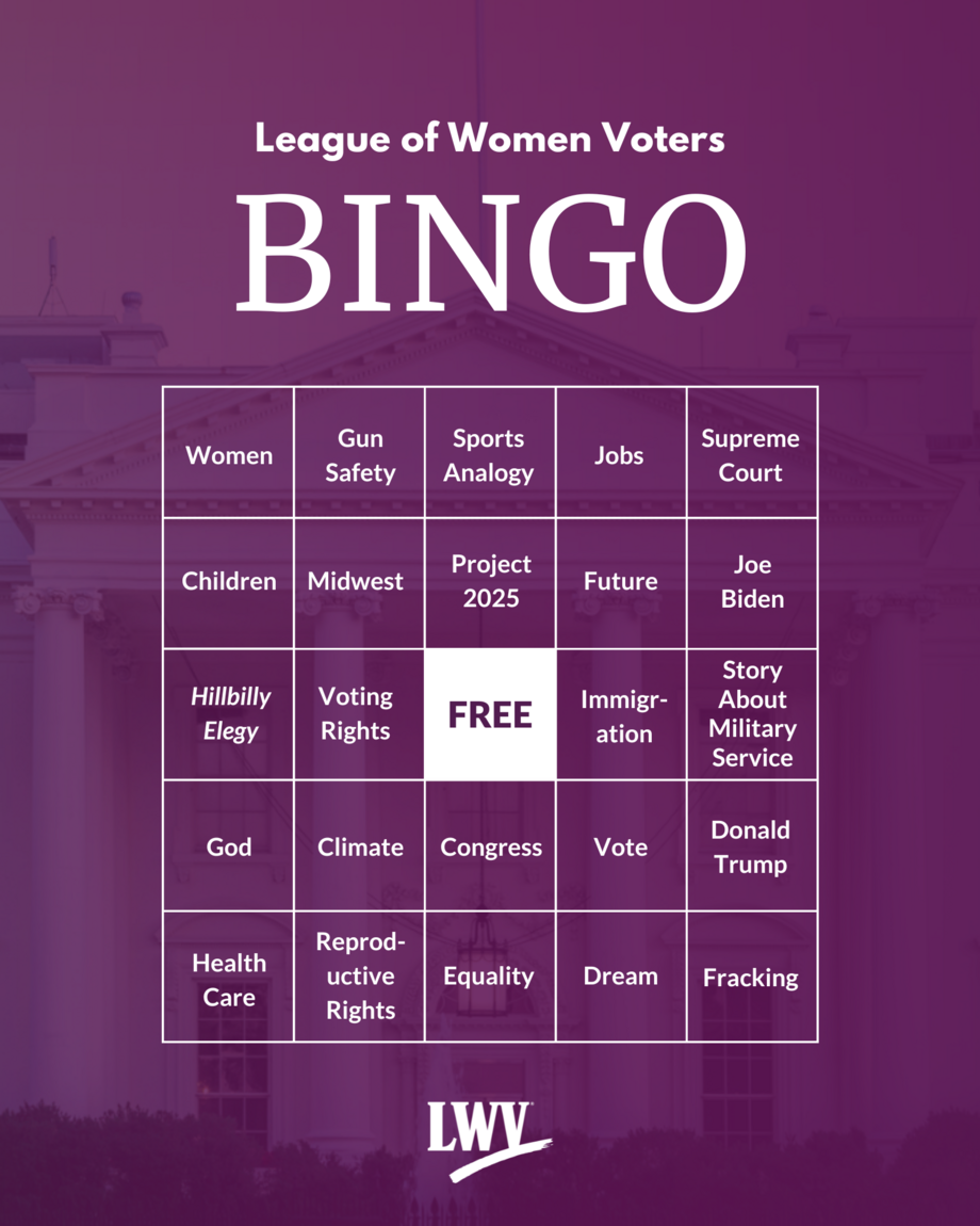 A bingo card on a purple background with the LWV logo