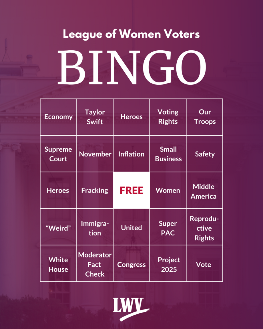 A bingo card on a purple background with the LWV Logo