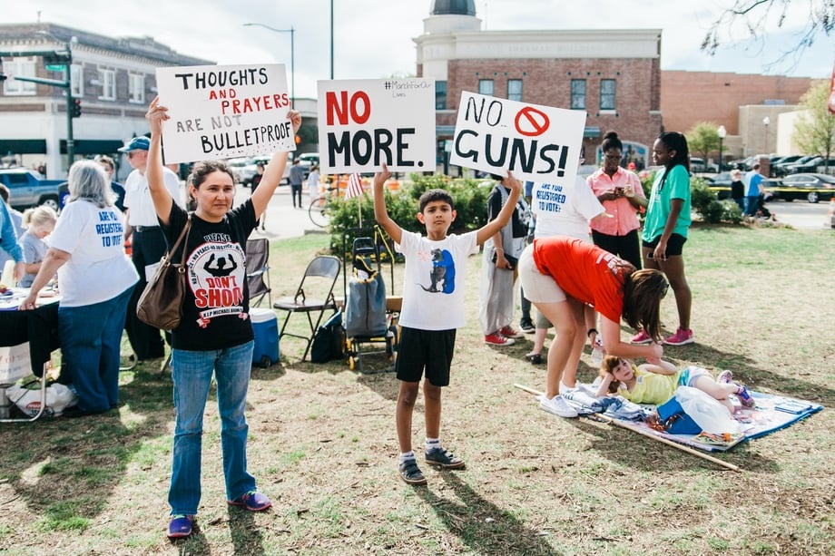 People in a lawn protesting with signs for gun reform