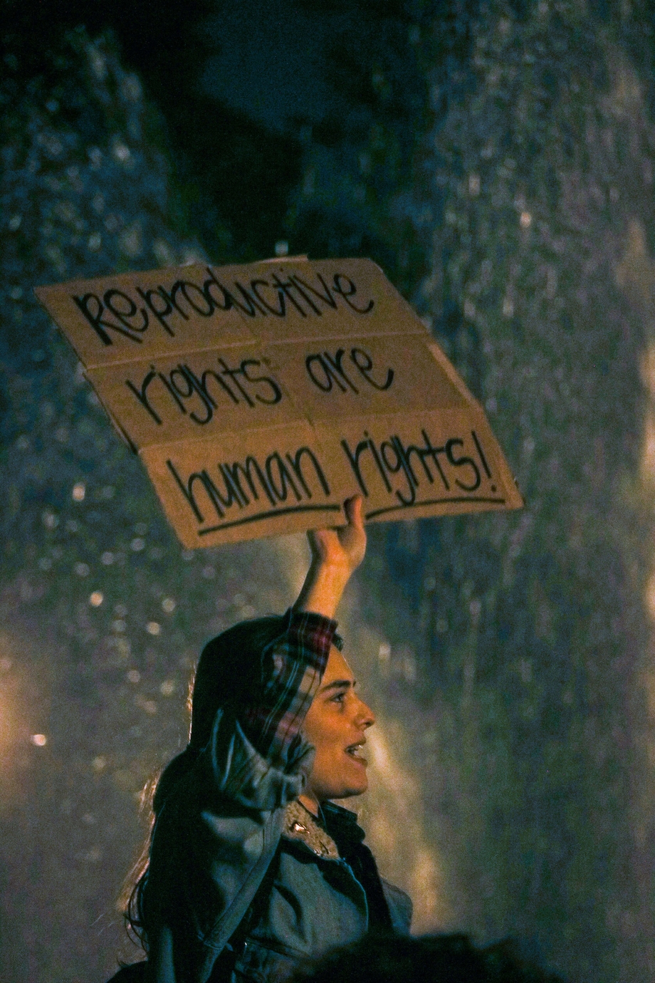 A woman holding a sign that says "reproductive rights are human rights"