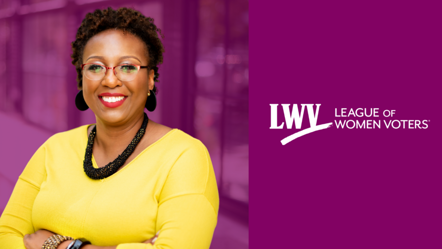 Chief Counsel and Senior Director of Advocacy and Litigation Celina Stewart on a purple background next to the LWV logo
