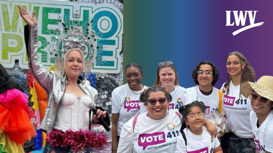 A picture of Cyndi Lauper in front of a WeHo Pride sign and then members in VOTE411 shirts. Photo has a rainbow gradient.